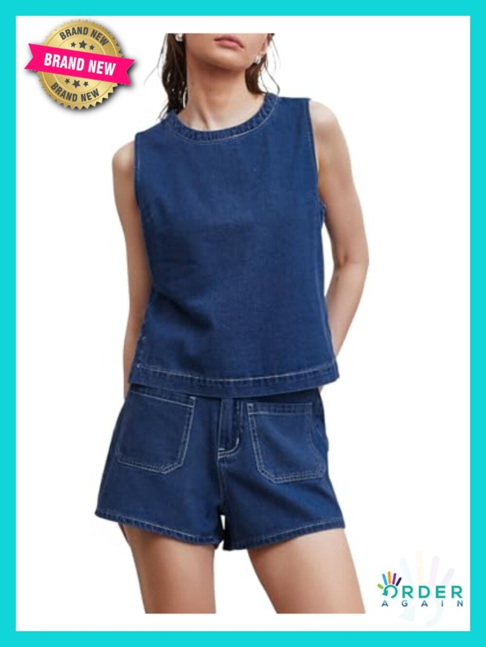 Women's 2 Piece Denim Set Sleeveless Boxy Shirt and Shorts Lounge Set